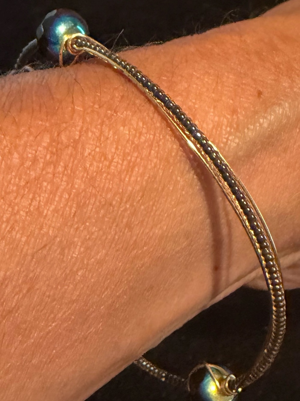 Bourbon & Boweties Gold-Plated Hand-Wrapped Iridescent Peacock Stone Wire Bangle